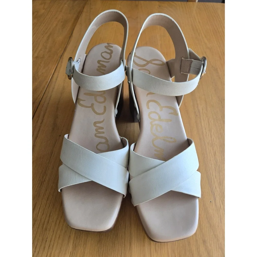 Sam Edelman Josefine Beige Leather Sandal Heel Sz 10 wooden sole platform Wedge